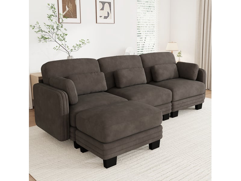  Canapé d’angle modulable tcqpz 3 places avec ottomane 253 x 143 x 88 cm chenille marron  - Conforama D