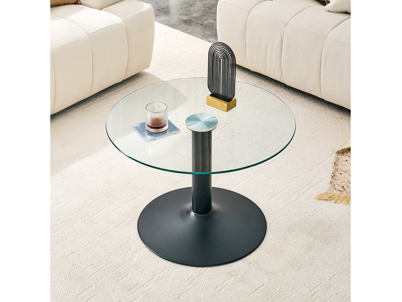  Table basse ronde fixe en verre de sécurité trempé avec piètement en métal stable pour salon noir 70 × 70 × 45 cm  - Conforama E