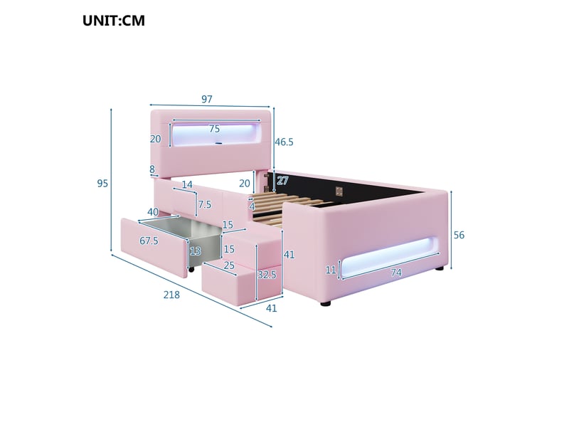  Lit simple rembourré 90x200 cm coloris rose led pu lit enfant rose - Conforama C