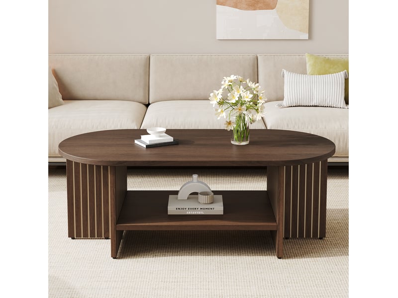  Table basse ovale avec étagère inférieure, design rainuré, en mdf noyer pour salon, 100 × 40 × 35 cm  - Conforama B