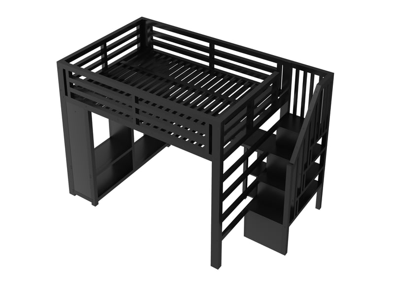  Lit mezzanine enfant gaming en métal 140x200 cm lit double avec bureau led ports usb armoire escalier rangements, noir  - Conforama R