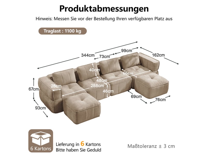  Canapé modulable en u 4 places avec 2 poufs, en polyester beige sable  - Conforama C