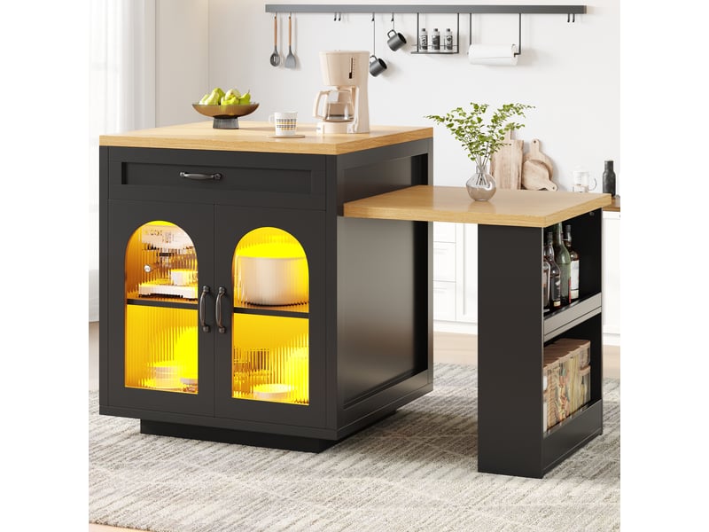 Îlot de cuisine extensible 126–196 cm avec éclairage led rgb, 2 tiroirs, étagère réglable, portes en verre cannelé, finition imitation bois 100 - Conforama C