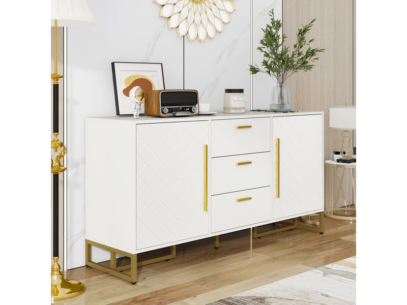 Buffet blanc 120x45x180 cm - 2 portes, 3 tiroirs - façades à motif chevrons, meuble contemporain - Conforama E