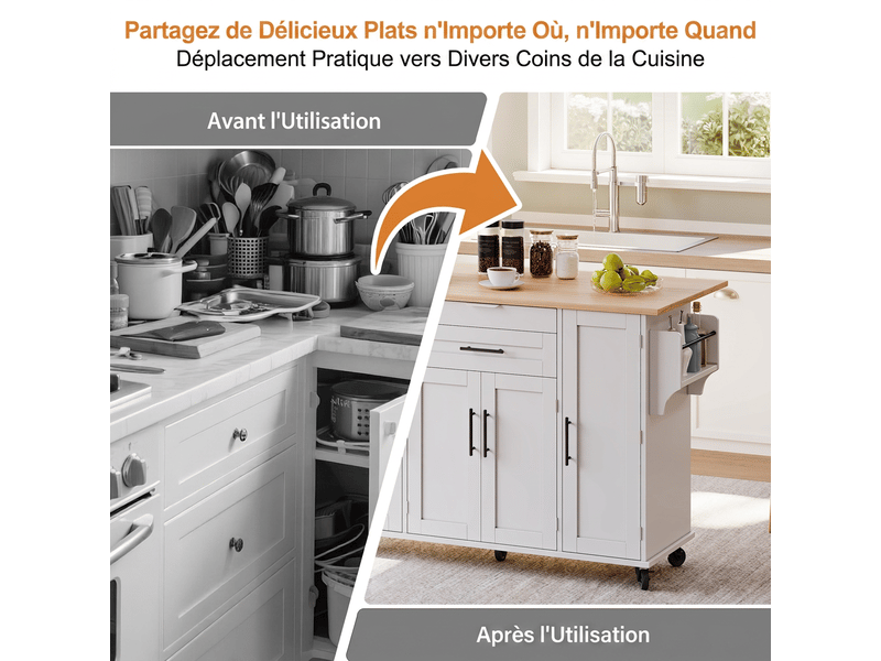  Îlot de cuisine sur roulettes avec plan de travail extensible 136cm  - Conforama D