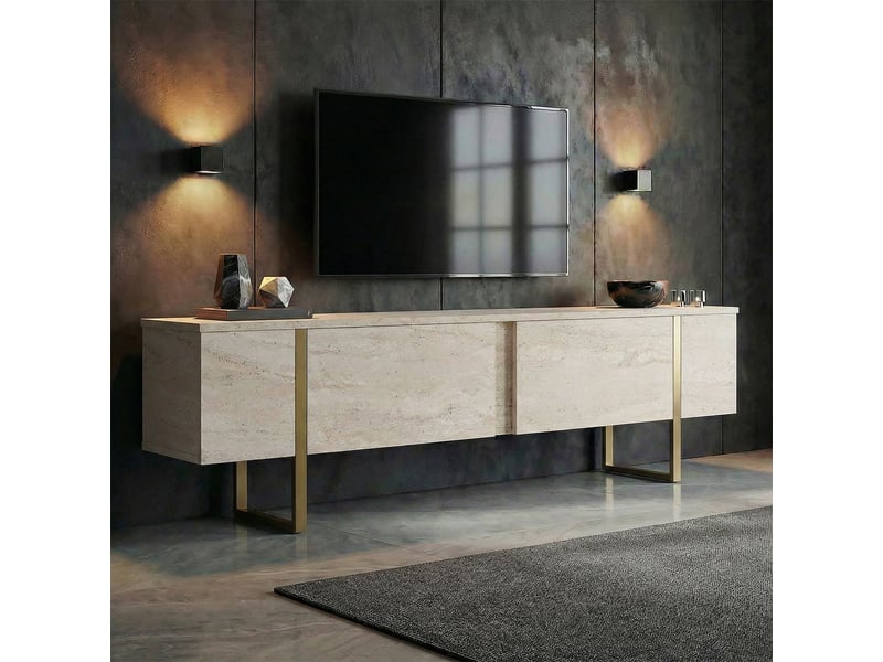  Télévision mobile sur pied avec portes 180 cm onera pieds dorés - beige  - Conforama D
