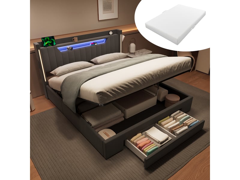  Lit rembourré 160 × 200 cm 2 places avec matelas et poches latérales, lit pour enfant avec tiroirs et éclairage led, lit fonctionnel avec coffre de rangement, gris  - Conforama B