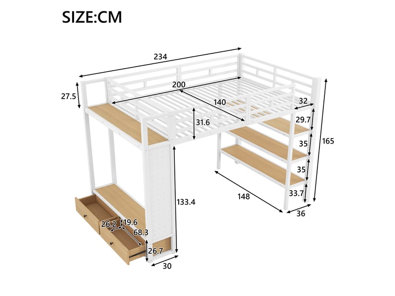  Lit mezzanine 140x200 cm blanc, avec penderie, rangements, 2 tiroirs, étagères, panneau perforé, led 7 couleurs, structure métal, sommier inclus, sans matelas  - Conforama C