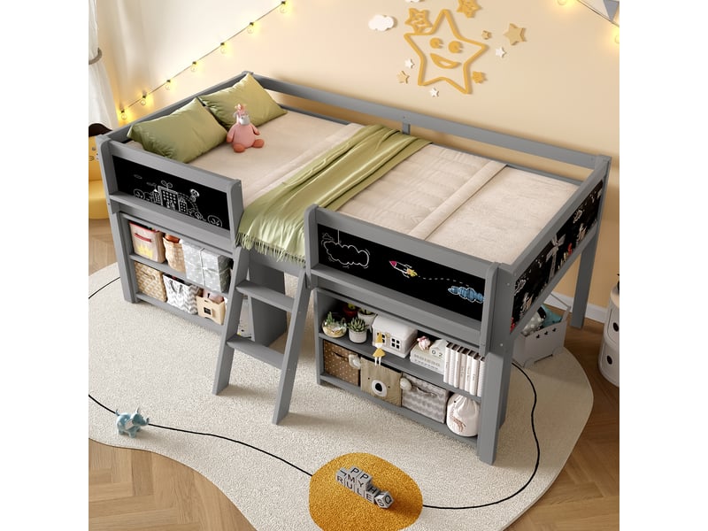  Lit simple 90x200 cm avec plusieurs étagères de rangement, lit enfant avec balustrade, échelle, lit mi-hau, bois de pin, gris  - Conforama E