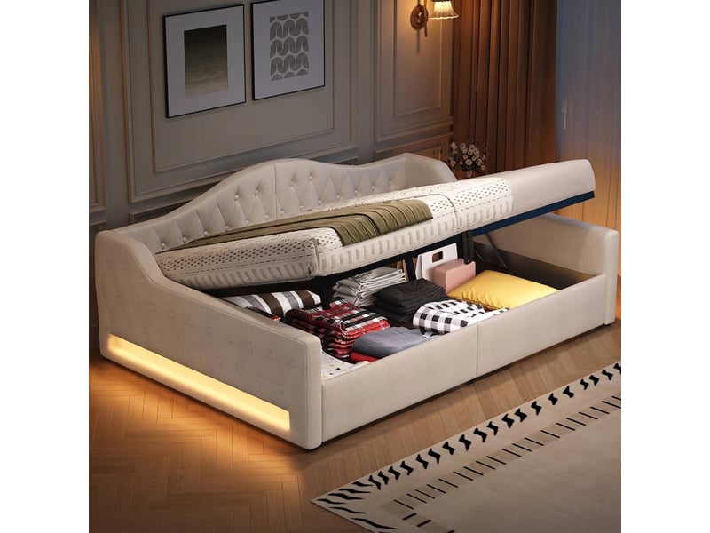Lit banquette 140x200 avec rangement et led 7 couleurs beige - Conforama B
