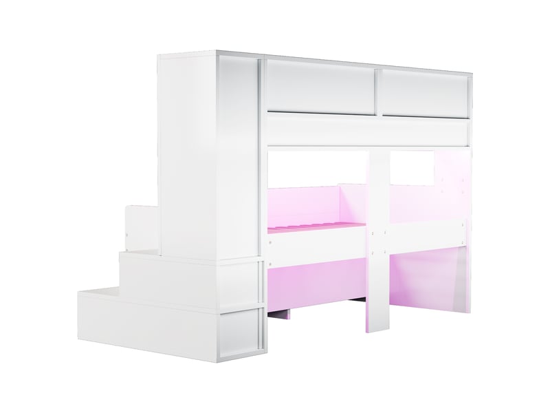  Lit mezzanine enfant 90x200 en bois, armoire et rangement, étagères multiples, éclairage led,blanc  - Conforama R