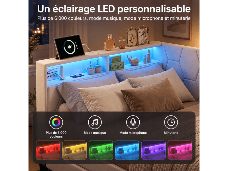  Canapé-lit 90x200 cm avec lampe led et port usb, lit rembourré avec 2 tiroirs, lit simple avec sommier à lattes, lit banquette, lit avec rangement, gris velours, matelas non inclus  - Conforama W