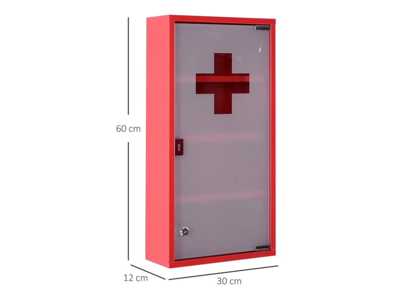 Armoire à pharmacie 30x12x60 cm – rouge – acier avec serrure et porte tip-on sécurisée en verre satiné - Conforama C