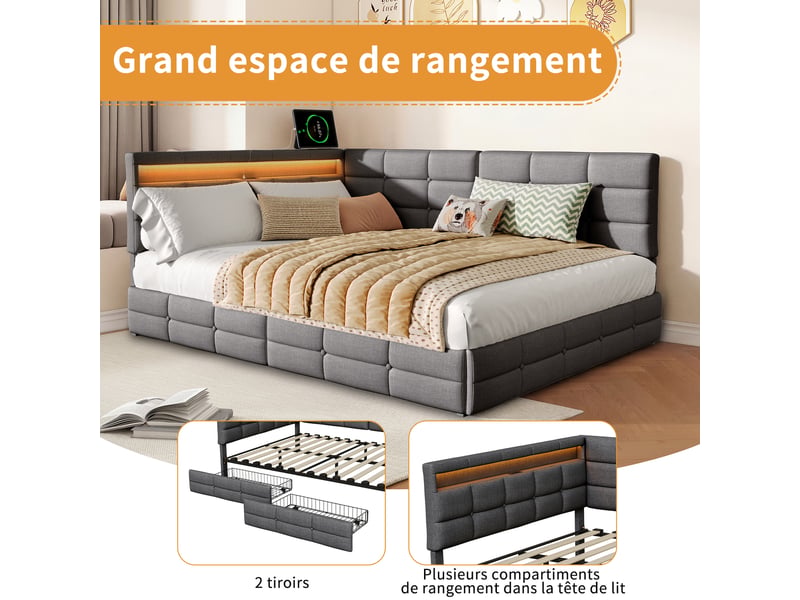  Canapé lit 140x190 en l, clic clac 2 places convertible avec 2 tiroirs, led lit avec ports usb, montable des deux côtés, gris lin capitonné  - Conforama R