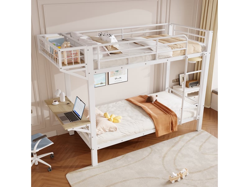 Lit superposé - 90x200 cm - bureau intégré - échelle - barrières de sécurité - rangements intégrés - structure métal - blanc CozyNest - Conforama C