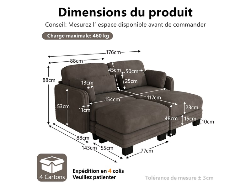 Canapé droit modulable 176 cm 2 places avec 2 poufs, coussins d’accoudoir amovibles, coussins lombaires épais à soutien renforcé, chenille, brun café - Conforama D