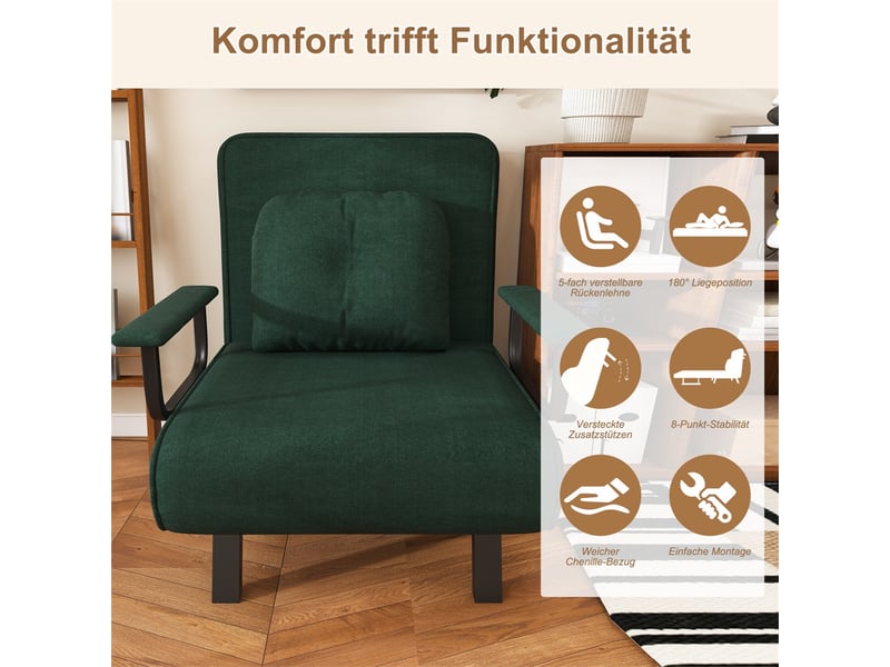  Fauteuil de relaxation convertible 60 x 60 x 80 cm – dossier réglable 5 positions lit 180° – chenille – vert foncé  - Conforama E