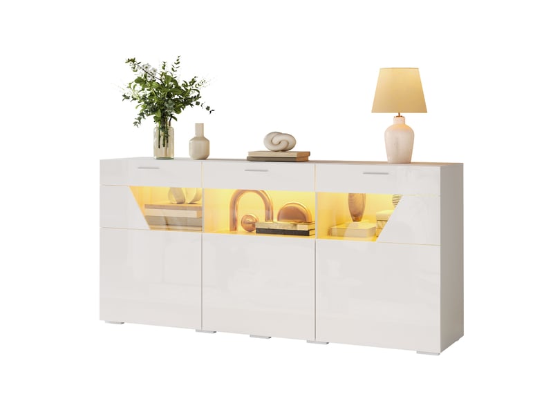 Buffet 3 portes 160x38x78 cm avec éclairage led contrôlable par application, panneau de particules, blanc brillant - Conforama A
