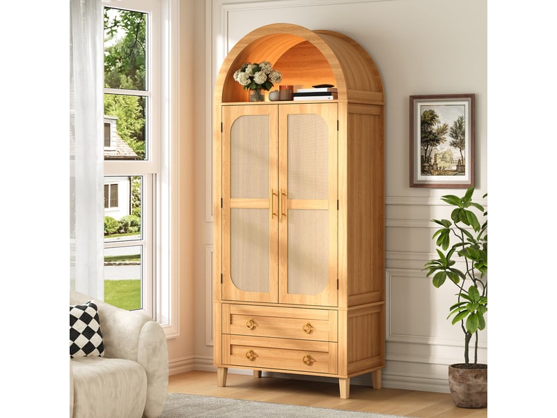 Armoire 76x40x179,5cm, niche arrondie à éclairage led réglable par application, 3 étagères et 2 tiroirs, 2 portes effet rotin, effet bois naturel - Conforama B