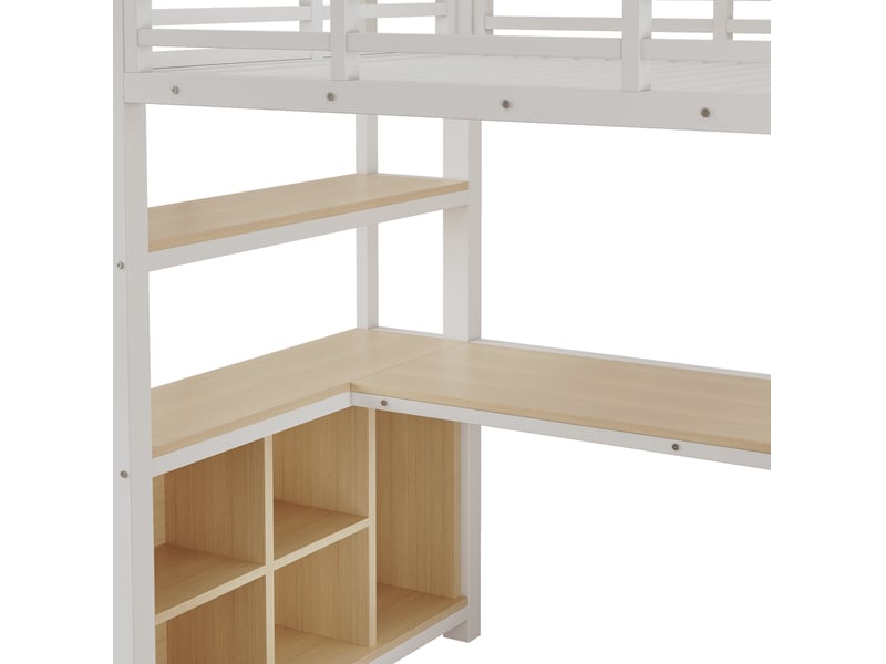  Lit mezzanine 90x200 cm blanc en métal et mdf avec bureau, penderie et rangements, sans matelas, pour chambre  - Conforama D
