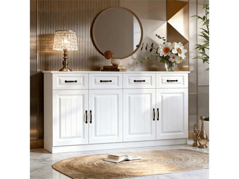 Buffet blanc 160 cm en mdf à façade rainurée, avec 4 tiroirs, 4 portes, étagères réglables et poignées métalliques noires  - Conforama D