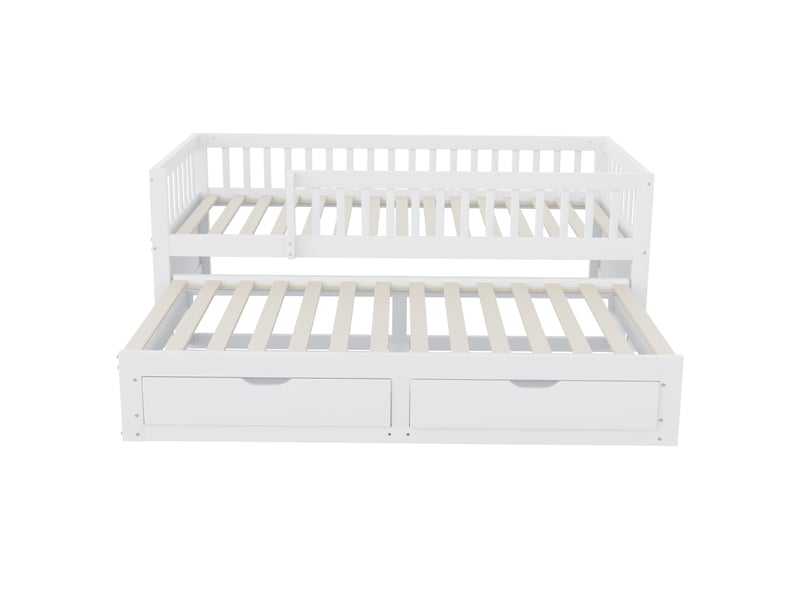  Canapé-lit en bois massif 90 x 200 cm, barrière de sécurité intégrale, lit gigogne avec 2 tiroirs de rangement, sommier à lattes, lit enfant, lit ado, lit d'appoint, lit adulte, blanc  - Conforama D