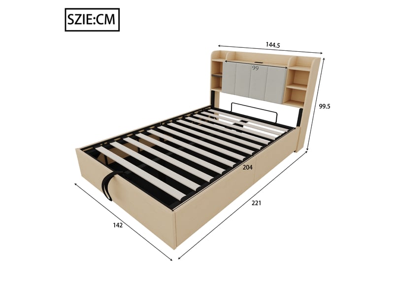  Lit en bois 140 x 200 cm avec relevage hydraulique, tête de lit avec rangement, usb et usb-c, sans matelas  - Conforama B