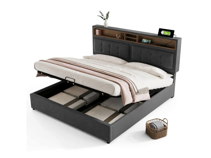  Lit coffre 160x200 cm en lin avec usb c, tête de lit, rangement, sommier et matelas inclus  - Conforama A