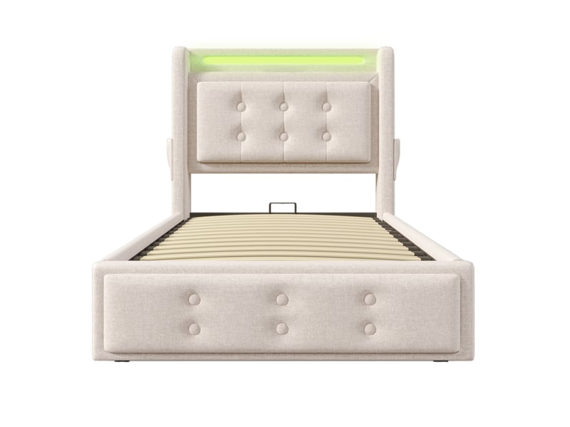  Lit simple 90x200 cm,avec hydraulique,tête capitonnée avec rangement, led, usb et usb-c, coton et lin,beige  - Conforama A