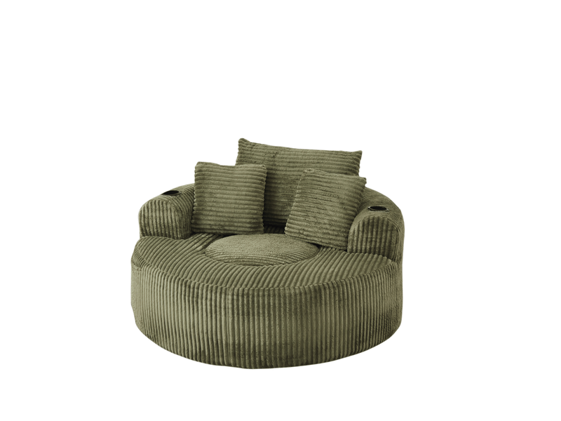  Fauteuil lounge rond 1 place – vert – velours côtelé, 3 coussins amovibles, porte-gobelets et poches latérales  - Conforama E