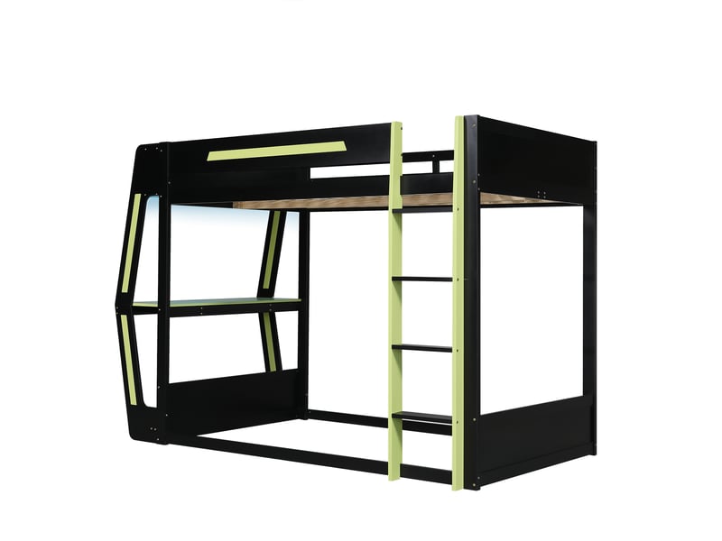 Lit mezzanine 120x200 cm - avec échelle - avec éclairage led - bureau et support pour tour d'ordinateur - bois massif + mdf - noir (sans matelas) - Conforama R