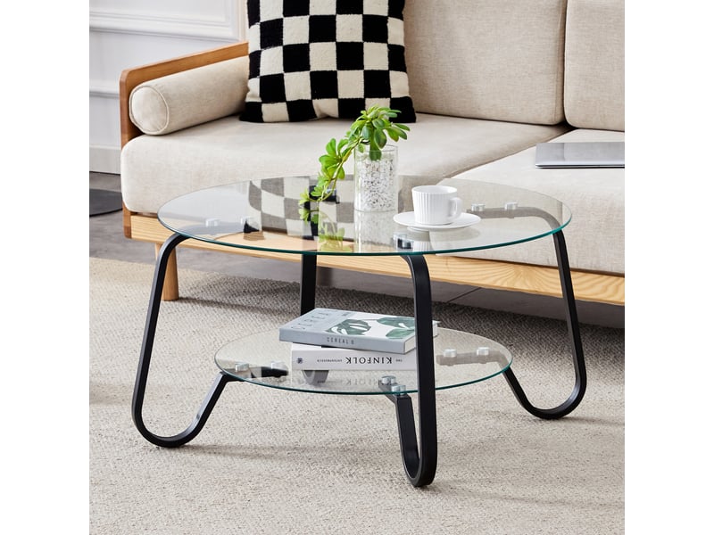  Table basse en verre trempé - design industriel moderne - cadre en métal robuste - deux niveaux de plateaux noir - Conforama A