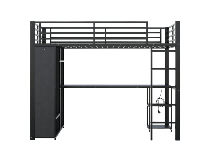 Lit mezzanine 90x200 cm avec bureau, rangements, led et prises usb, noir, moderne - Conforama A