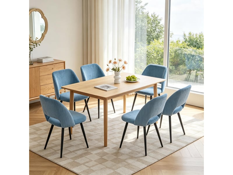  Chaise de salle à manger lot de 6 avec dossier ergonomique et pieds en métal, pour cuisine, tissu côtelé bleu  - Conforama D
