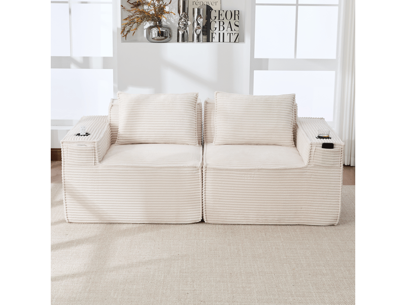 Canapé modulable 2 places – canapé en velours côtelé, assise profonde, porte-gobelets intégrés, poches latérales, ressorts et mousse haute densité, coussins inclus, beige - Conforama C