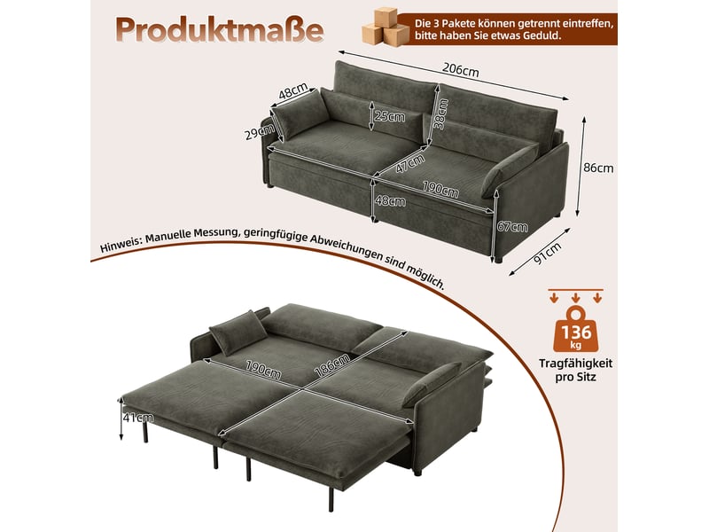  Canapé convertible 3 places 206x91x86 cm en chenille avec rangement gris foncé chicfurn  - Conforama D