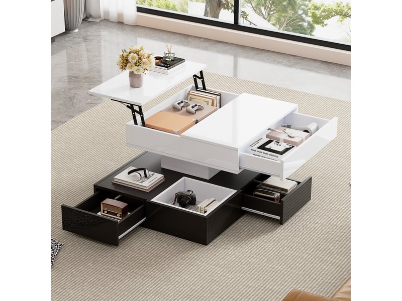  Table basse 70x70x40 cm avec plateau pivotant et relevable, 3 tiroirs, noire et blanche  - Conforama D