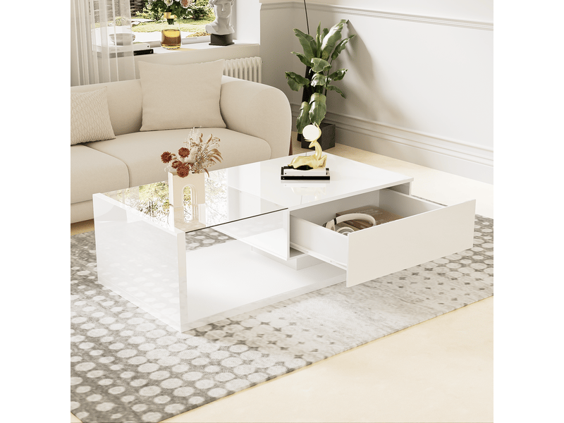  Table basse blanche brillante avec niche en verre trempé et éclairage led réglable pour salon, 105×55×32,5 cm  - Conforama C