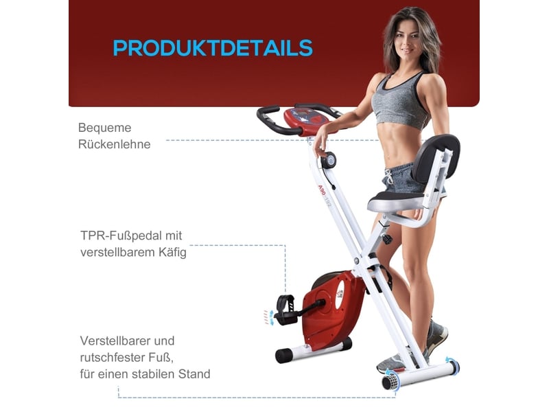  Vélo d'appartement magnétique 43x97x109 cm pliable écran lcd réglable rouge  - Conforama C