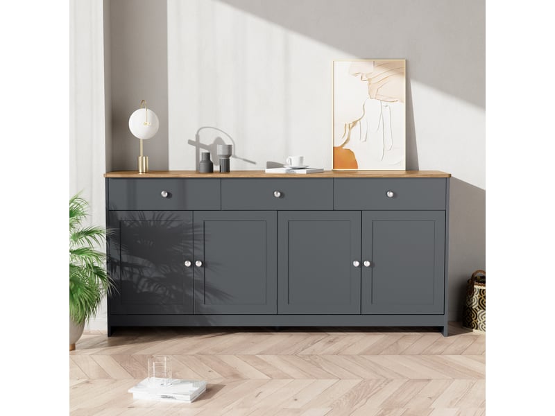  Buffet bas 160x75x37 cm, meuble de rangement salle à manger avec 4 portes et 3 tiroirs, couleur gris noir et effet bois  - Conforama B