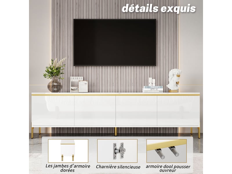  Meuble tv blanc brillant 170 cm avec 4 portes et pieds en métal doré  - Conforama R
