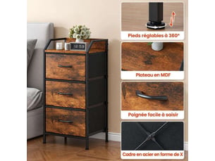 Table de chevet 40x30x78 cm trois tiroirs tissu marron rustique et metal noir