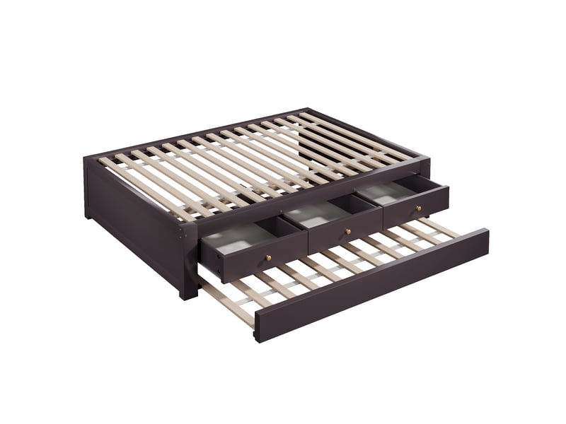 Lit double 90x200 cm - avec lit gigogne 90x190 cm et 3 tiroirs - sommier à lattes - mdf+pin - marron (sans matelas) - Conforama R