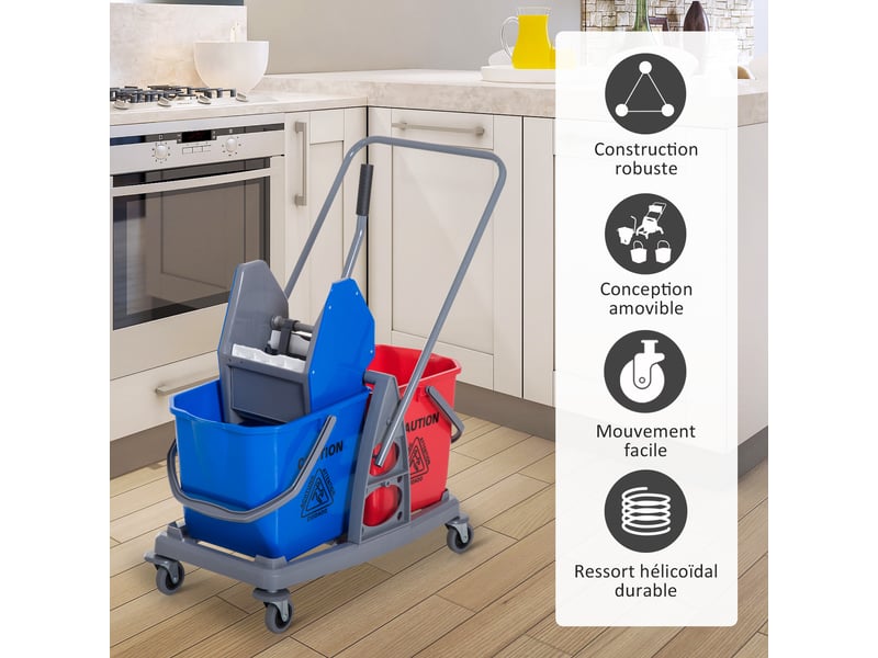  Chariot de lavage chariot de nettoyage professionnel presse à mâchoire 2 seaux 25 l 73l x 45l x 92h cm plastique gris rouge bleu  - Conforama D