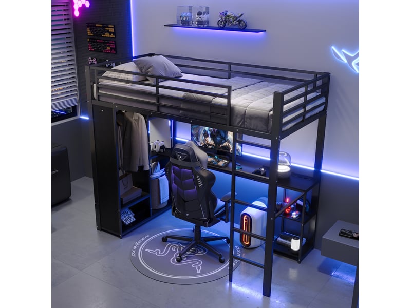 Lit mezzanine 90 × 200 cm avec bureau, led, étagères et armoire ouverte, sans matelas, noir - Conforama D