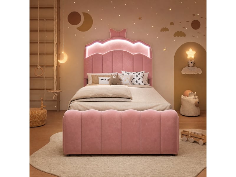 Lit coffre enfant modenvie 90 x 200 cm velours rose led usb usb-c tête de lit avec rangement  - Conforama D