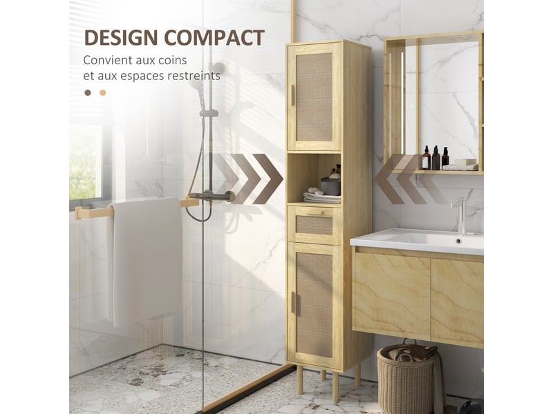 Meuble salle de bain colonne rangement salle de bain avec portes en rotin tiroir 2 placards chêne 32 x 30 x 170 cm - Conforama E