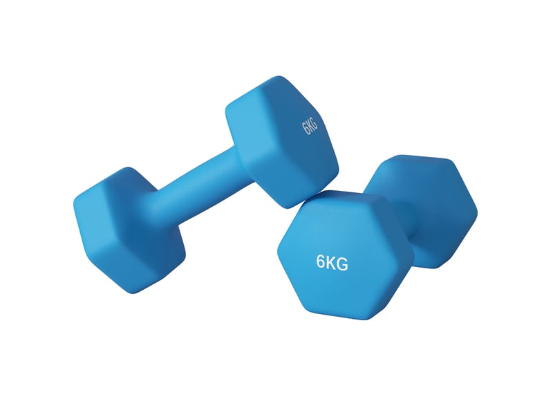 Lot de 2 haltères hexagonales 2 x 6 kg en métal et plastique avec poignée antidérapante, 22 x 10 x 10 cm, bleues - Conforama B