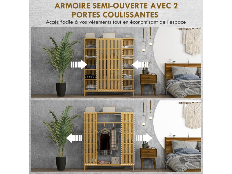  Armoire avec 2 portes coulissantes et tringle en bambou 145x35x165 cm  - Conforama E