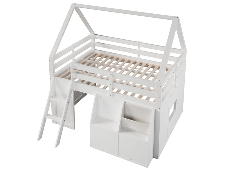  Lit mezzanine 140x200cm avec escalier, éclairage led, avec couvercles rabattables et sacs en tissu, blanc  - Conforama A
